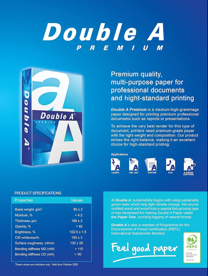 Double A A4 Size Paper – 70 GSM, 500 Sheets per Ream (Imported from Thailand)