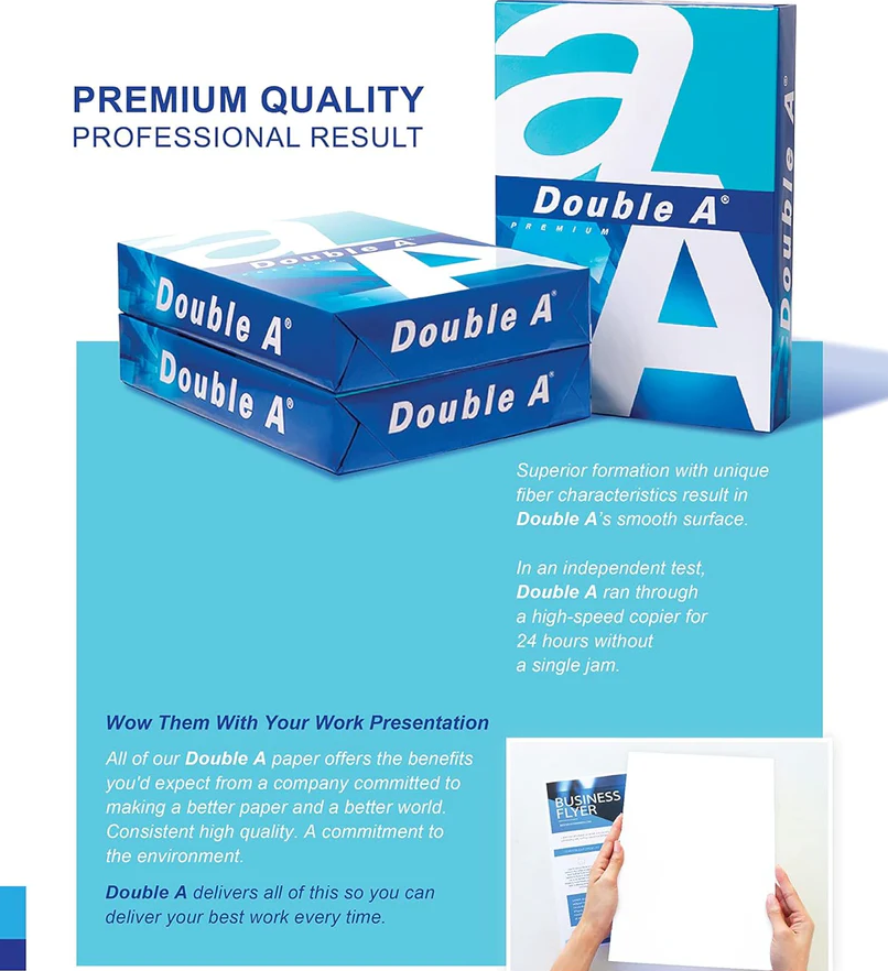 Double A A4 Size Paper – 70 GSM, 500 Sheets per Ream (Imported from Thailand)